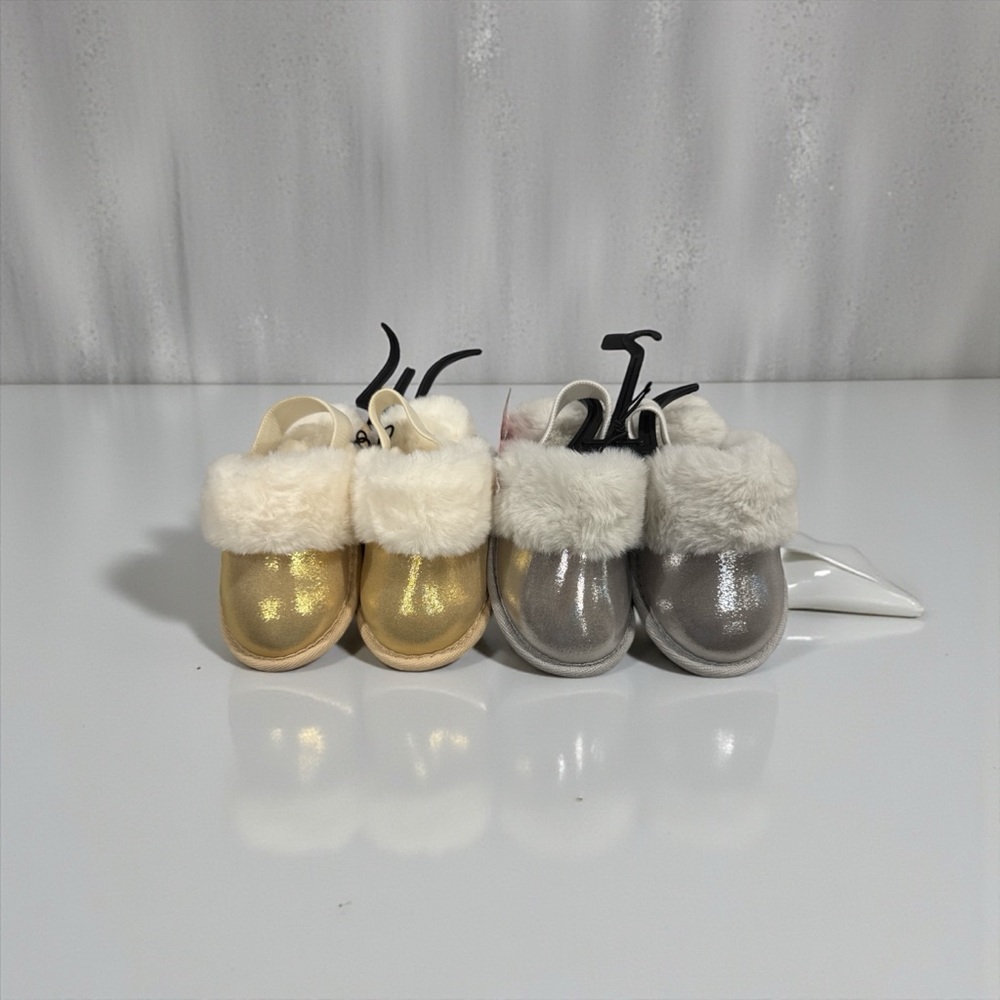 Gold and Silver Toddler Slippers with Faux Fur